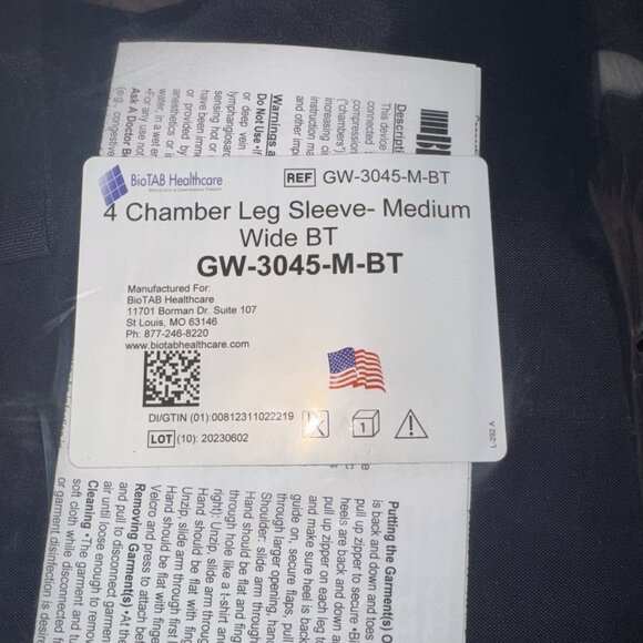 New BioTab 4 Chamber Lower Extremity Leg Sleeve Medium Wide 32" BT GW-3045-M-BT - Picture 2 of 6